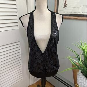 Vintage Glam Vest Womens Small Black Sequin Satin Racerback Y2K Indie Night Out